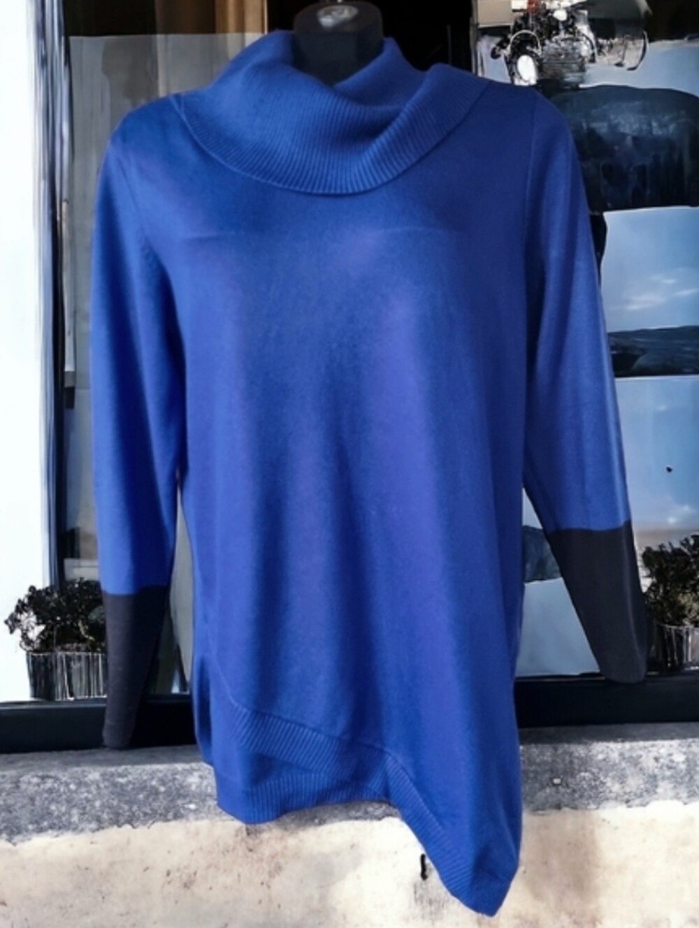 89th & Madison Royal Blue Cowl Neck Lightweight Asymetric Sweater Size S